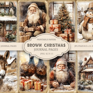 Páginas de diário de Natal rústicas marrons, itens efêmeros, impressão de scrapbook, papel para impressão, colagem digital, páginas de Natal, colagem digital