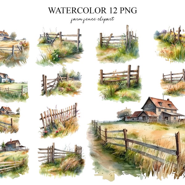 Watercolor Farm Fences Clipart 12 PNG,  Farmhouse Clipart , Barn Fence Clipart, Rustic Farm, Farm Clipart, Farm Landscape, Barn Silo