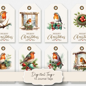 Vintage Weihnachten Robin Journal Tags, Vögel druckbare Tags, Vintage Vögel, Wildbirds Journal Zubehör, Journal Einsätze, Geschenkanhänger
