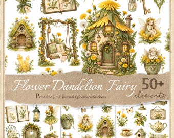 Flower Fairy Dandelion Stickers for Junk Journals, Printable Fussy Cuts, Digital Ephemera, Scrapbook,  JPG