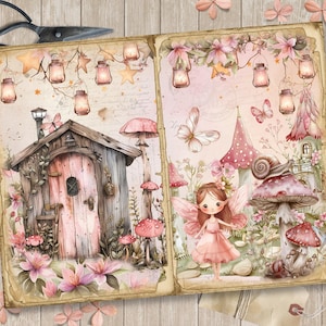 May include: A vintage-style scrapbook page with a whimsical fairy garden theme. The left page features a small cottage with a pink door and a mushroom garden. The right page features a fairy with pink wings and a pink dress, standing in front of a mushroom and a snail. Both pages are decorated with pink flowers, stars, and lanterns.