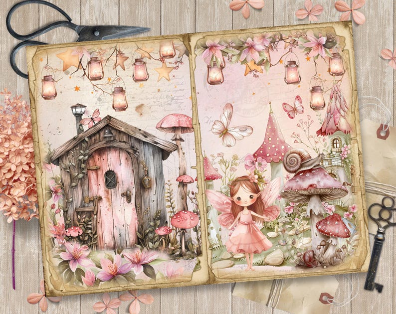 May include: A vintage-style scrapbook page with a whimsical fairy garden theme. The left page features a small cottage with a pink door and a mushroom garden. The right page features a fairy with pink wings and a pink dress, standing in front of a mushroom and a snail. Both pages are decorated with pink flowers, stars, and lanterns.