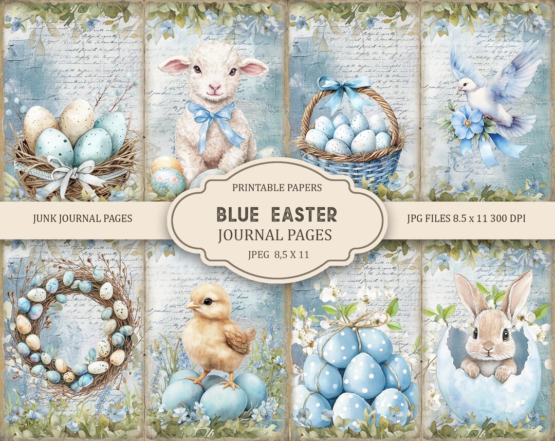 Blue Easter Pages Junk Journal Kit: Printable Scrapbook Pages, Flowers ...