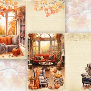 May include: A collage of three images featuring cozy autumn scenes. The first image shows a window seat with orange pillows and a book stack. The second image shows a living room with a red couch, a coffee table, and a window with fall foliage. The third image shows a black armchair with a cat sitting on it and a stack of books.