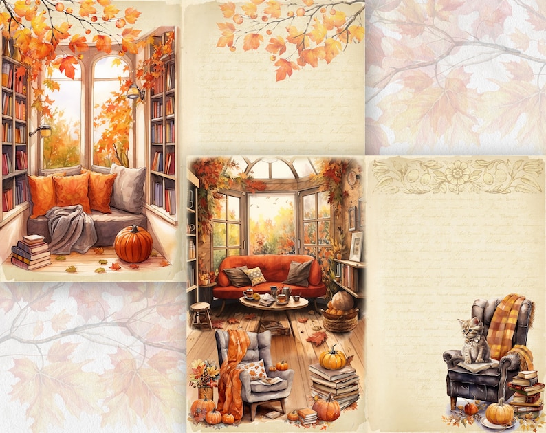 May include: A collage of three images featuring cozy autumn scenes. The first image shows a window seat with orange pillows and a book stack. The second image shows a living room with a red couch, a coffee table, and a window with fall foliage. The third image shows a black armchair with a cat sitting on it and a stack of books.