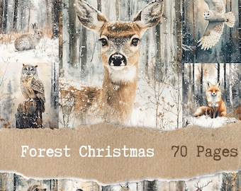May include: Watercolor illustration of forest animals in a snowy winter scene. A deer is centered, with a rabbit, owl, fox, and other animals. The text "Forest Christmas 70 Pages" is displayed on a torn paper banner.