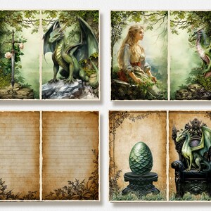 May include: A digital collage sheet with six images featuring a green dragon, a woman in a forest, a dragon egg, and a dragon sitting on a throne. The images are surrounded by a brown, aged paper frame.