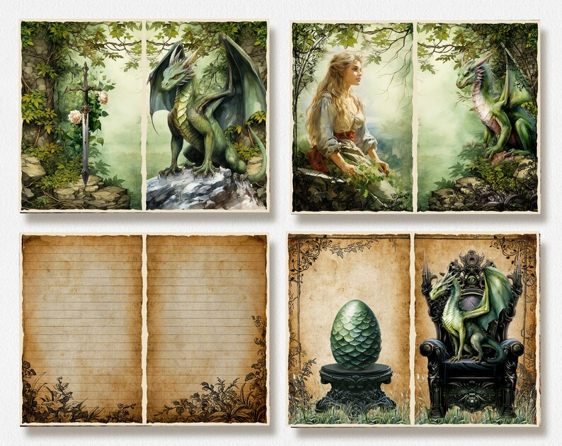 May include: A digital collage sheet with six images featuring a green dragon, a woman in a forest, a dragon egg, and a dragon sitting on a throne. The images are surrounded by a brown, aged paper frame.