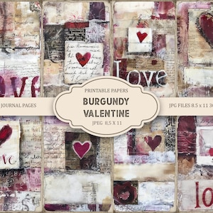 Kit diario di San Valentino Borgogna, pagine di diario spazzatura di San Valentino, 11 x 8,5, effimeri di diario stampabili, artigianato di carta, download immediato