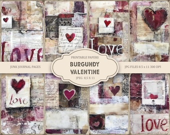 Zestaw do prowadzenia dziennika walentynkowego Burgundy, strony dziennika walentynkowego Junk, 11 x 8,5, drukowane ephemera do dziennika, papierowe rzemiosło, natychmiastowe pobieranie