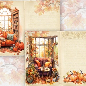 May include: Three watercolor illustrations of cozy living rooms with fall decor. The first image shows a red couch with a blanket and books, the second image shows a red couch with a coffee table and a window with fall leaves, and the third image shows a blank page with a decorative border and pumpkins.