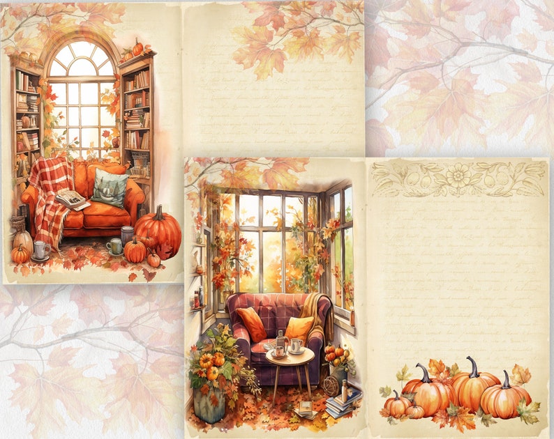 May include: Three watercolor illustrations of cozy living rooms with fall decor. The first image shows a red couch with a blanket and books, the second image shows a red couch with a coffee table and a window with fall leaves, and the third image shows a blank page with a decorative border and pumpkins.