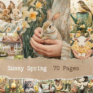 May include: A collage of watercolor illustrations with a spring theme. It features bunnies, daffodils, a bird, a lamb, a cottage, and other spring elements. The text "Sunny Spring 70 Pages" is displayed on a torn paper banner.