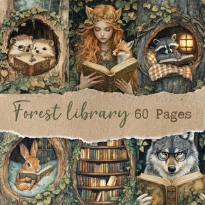 May include: A whimsical illustration depicts a forest library theme. Various woodland creatures, including hedgehogs, a fox, a raccoon, a rabbit, and a wolf, are shown reading books in cozy, tree-housed settings. The text "Forest library 60 Pages" is displayed.