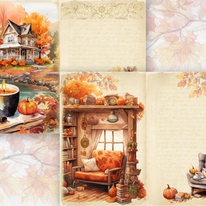 May include: A digital collage featuring four images with an autumn theme. The first image shows a house with a porch and a yard with fall leaves. The second image shows a cup of coffee with a candle and a book. The third image shows a cozy living room with a fireplace and a window. The fourth image shows a chair with a blanket and a book.