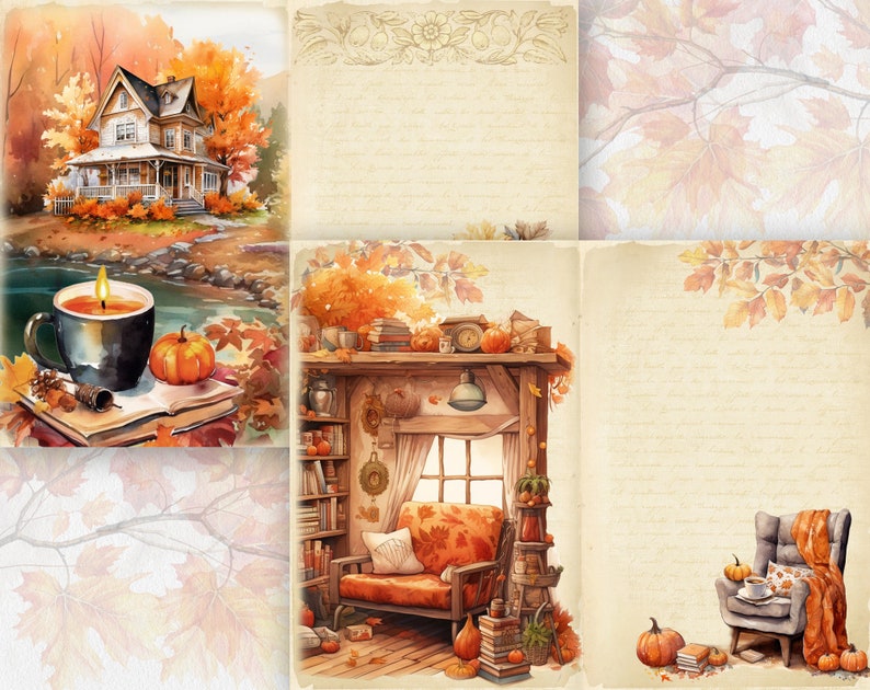 May include: A digital collage featuring four images with an autumn theme. The first image shows a house with a porch and a yard with fall leaves. The second image shows a cup of coffee with a candle and a book. The third image shows a cozy living room with a fireplace and a window. The fourth image shows a chair with a blanket and a book.