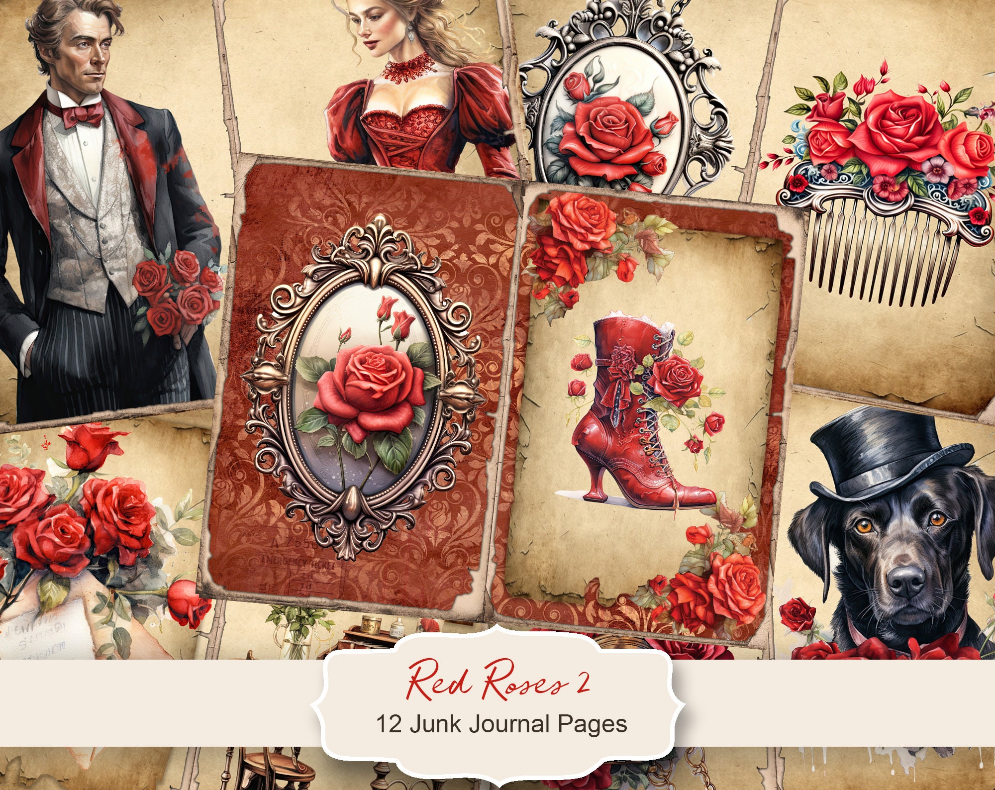 Red Roses 2 Vintage Junk Journal Kit, Vintage Digital Paper