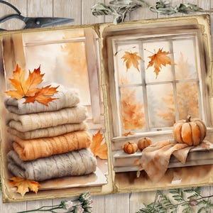 May include: A watercolor painting of a window with a view of fall foliage.  A stack of knitted sweaters and a pumpkin are on the windowsill.