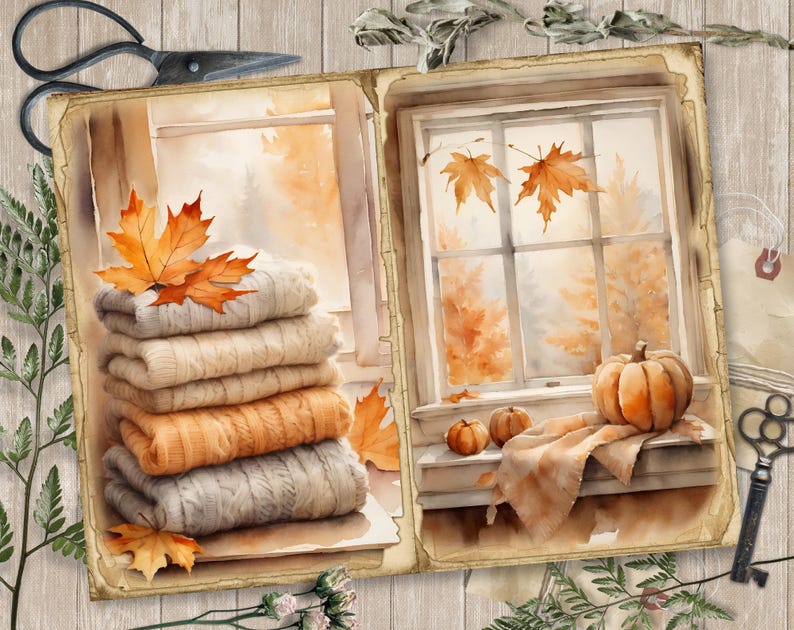 May include: A watercolor painting of a window with a view of fall foliage.  A stack of knitted sweaters and a pumpkin are on the windowsill.