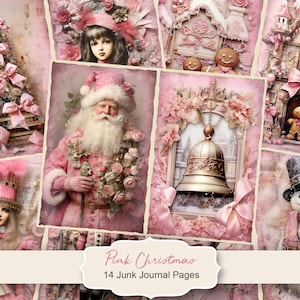 Rosa Weihnachten Junk Journal Kit, Frohe Weihnachten Junk Journal Seiten, Weihnachtsmann Szene Junk Journal druckbares Papier, Digital Collage Sheet