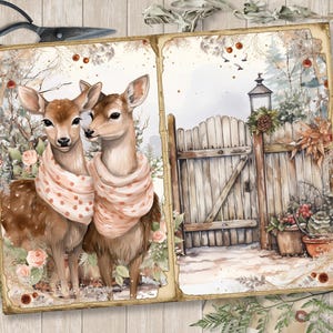 May include: Two deer wearing pink scarves stand in a snowy forest with a wooden fence and a lantern in the background. The image is painted in a watercolor style.