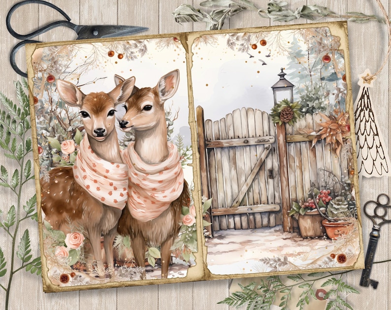 May include: Two deer wearing pink scarves stand in a snowy forest with a wooden fence and a lantern in the background. The image is painted in a watercolor style.
