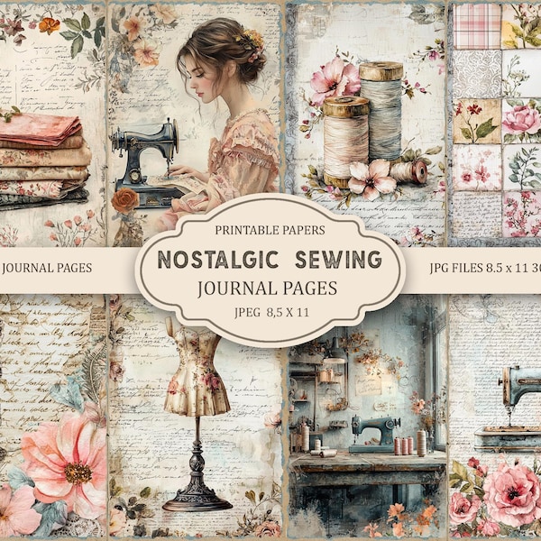 Nostalgic Sewing Junk Journal Kit: Printable Scrapbook Pages,  Sewing Machine Ephemera (JPG), Part 1