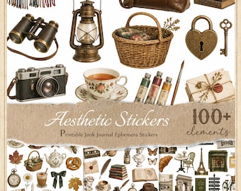 Vintage Junk Journal Stickers, Printable Ephemera (100+ Elements)