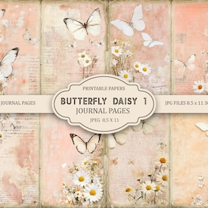 Op de afbeelding: Een collage van acht afdrukbare journaalpagina's met een vintage esthetiek. De pagina's bevatten vlinders, madeliefjes en verouderde papiertexturen in zachte perzik- en crèmetinten. Tekst bevat "JUNK JOURNAL PAGES" en "BUTTERFLY DAISY 1 JOURNAL PAGES".