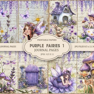 Purple Fairies 1 Junk Journal Pages, Spring Ephemera, Scrapbook printable, Printable Paper, Digital Collage, Spring Pages, Digital Collage