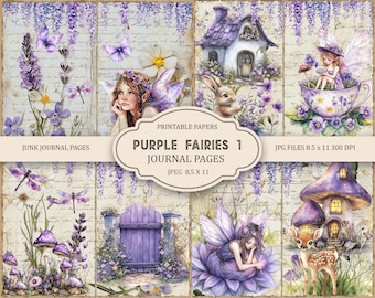 Purple Fairies 1 Junk Journal Pages, Spring Ephemera, Scrapbook printable, Printable Paper, Digital Collage, Spring Pages, Digital Collage