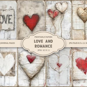 Puede incluir: Papeles digitales imprimibles que presentan un collage de fondos blancos desgastados con corazones rojos y blancos. Los papeles se titulan "Love and Romance" y miden 8,5 x 11 pulgadas.