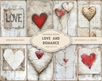 Peut inclure: Papiers numériques imprimables présentant un collage de fonds blancs vieillis avec des cœurs rouges et blancs. Les papiers sont intitulés "Love and Romance" et mesurent 8,5 x 11 pouces.