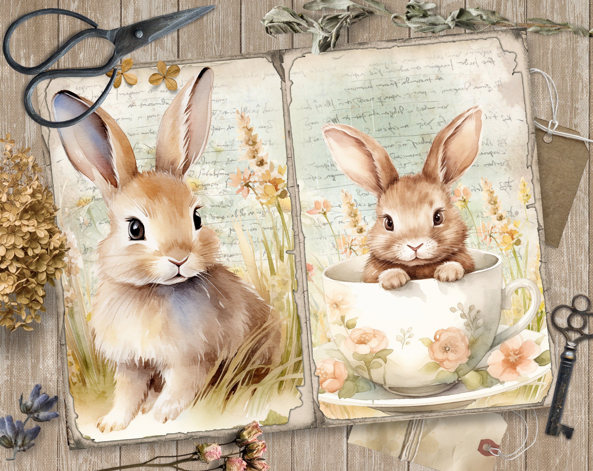 Spring Bunnies 5 Junk Journal Digital Pages, Easter Paper Scrapbooking ...