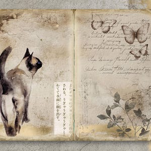 May include: A watercolor painting of a Siamese cat with blue eyes, standing on a page from an old journal. The journal page has handwritten text in English and Japanese, and a few drawings of butterflies.