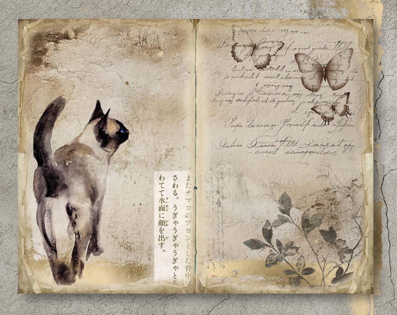 May include: A watercolor painting of a Siamese cat with blue eyes, standing on a page from an old journal. The journal page has handwritten text in English and Japanese, and a few drawings of butterflies.
