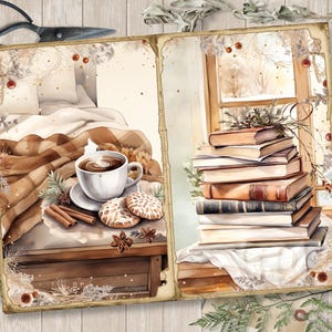 May include: A watercolor illustration of a cozy winter scene with a cup of coffee on a bed with a blanket and a stack of books by a window.