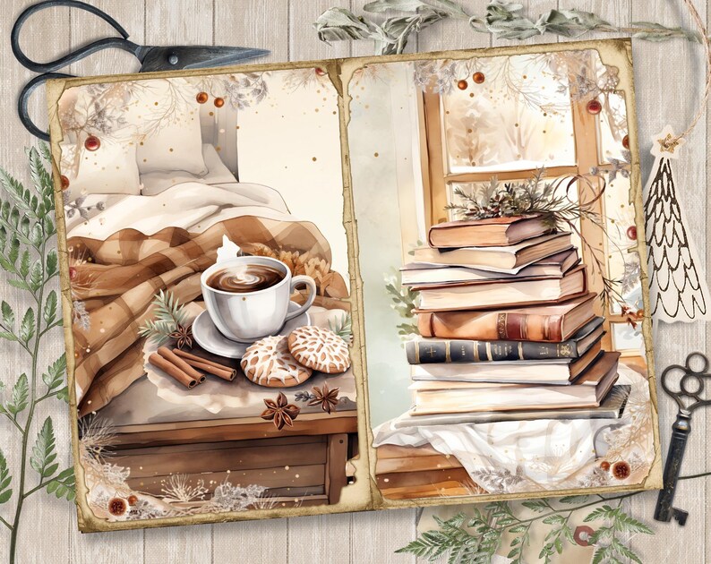 May include: A watercolor illustration of a cozy winter scene with a cup of coffee on a bed with a blanket and a stack of books by a window.