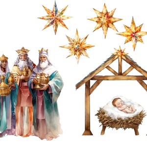 May include: Watercolor painting of the three wise men, each holding a golden gift, standing in front of a wooden manger with a baby Jesus inside.  The painting is decorated with five gold stars.