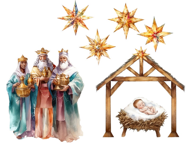 May include: Watercolor painting of the three wise men, each holding a golden gift, standing in front of a wooden manger with a baby Jesus inside.  The painting is decorated with five gold stars.