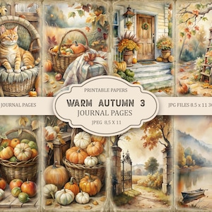 Könnte beinhalten: Aquarellillustrationen von Herbstszenen mit Kürbissen, Körben und einer Katze. Die Bilder zeigen eine Katze in einem Korbstuhl, eine Haustür mit Kürbissen und eine Leiter mit Kürbissen. Der Text lautet "WARM AUTUMN 3 JOURNAL PAGES".