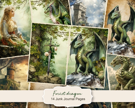 Forest Dragon Junk Journal Kit, Printable JPG Pages, Ephemera, Dragon Digital Paper, Junk Journal Pages, Digital Collage Sheet (JPG, PDF)