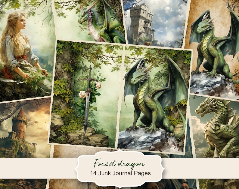 May include: A collage of 14 digital paper images featuring green dragons in a forest setting. The images include a sword, a castle, and a woman with long blonde hair. The text "Forest dragon 14 Junk Journal Pages" is at the bottom of the collage.