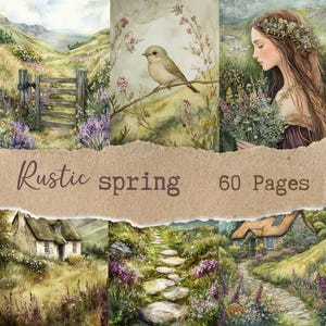 May include: A collage of watercolor illustrations with a rustic spring theme. Scenes include a bird on a branch, a woman with flowers, a stone path, and a cottage. The text "Rustic spring 60 Pages" is displayed.
