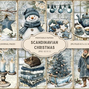 Pagine stampabili del diario di Natale blu scandinavo, kit di diario di spazzatura, album di ritagli, carta stampabile, collage digitale, download immediato