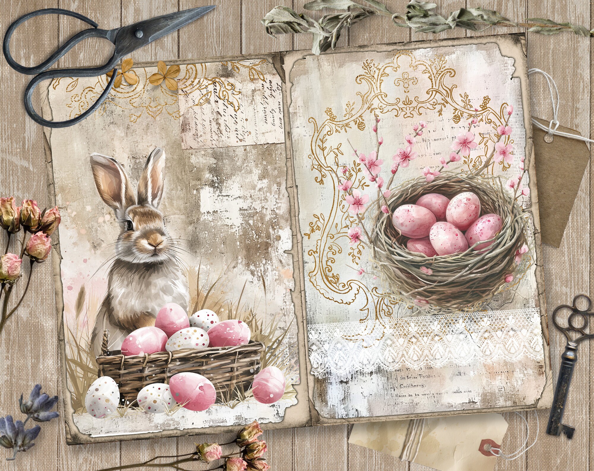Pink Easter 5 Junk Journal Digital Pages, Easter Paper Scrapbooking ...