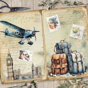 May include: A vintage travel journal with a watercolor illustration of a blue airplane, a brown leather suitcase, and a blue suitcase. The journal has a handwritten inscription and vintage postage stamps.