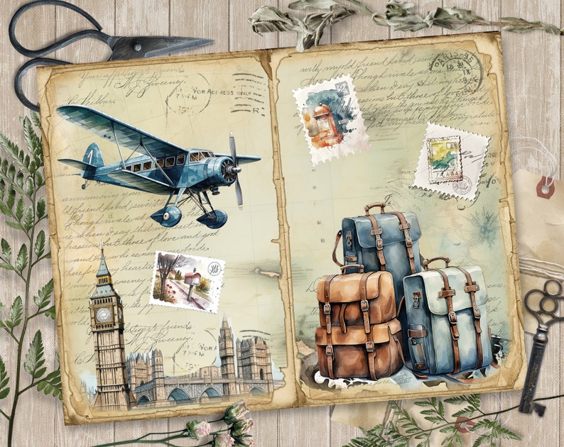 May include: A vintage travel journal with a watercolor illustration of a blue airplane, a brown leather suitcase, and a blue suitcase. The journal has a handwritten inscription and vintage postage stamps.
