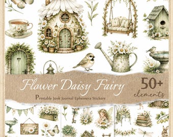 Flower Daisy Fairy Stickers for Junk Journals, Printable Fussy Cuts, Digital Ephemera, Scrapbook,  JPG