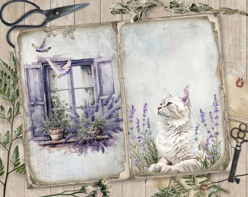 May include: Watercolor illustration of a vintage-style journal spread. One page depicts a window with lavender and doves, the other a white cat in a lavender field. The pages have a distressed, aged look, with a key and scissors nearby.
